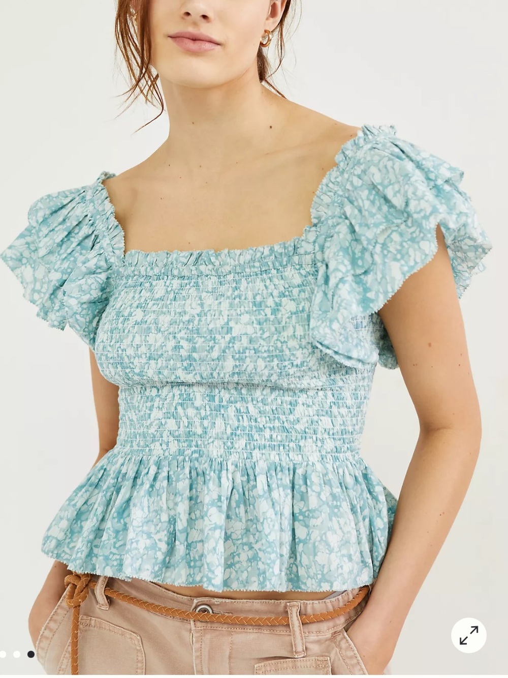 Love The Label Smocked Ruffle Crop Top Teal Floral size Small Peplum Romantic